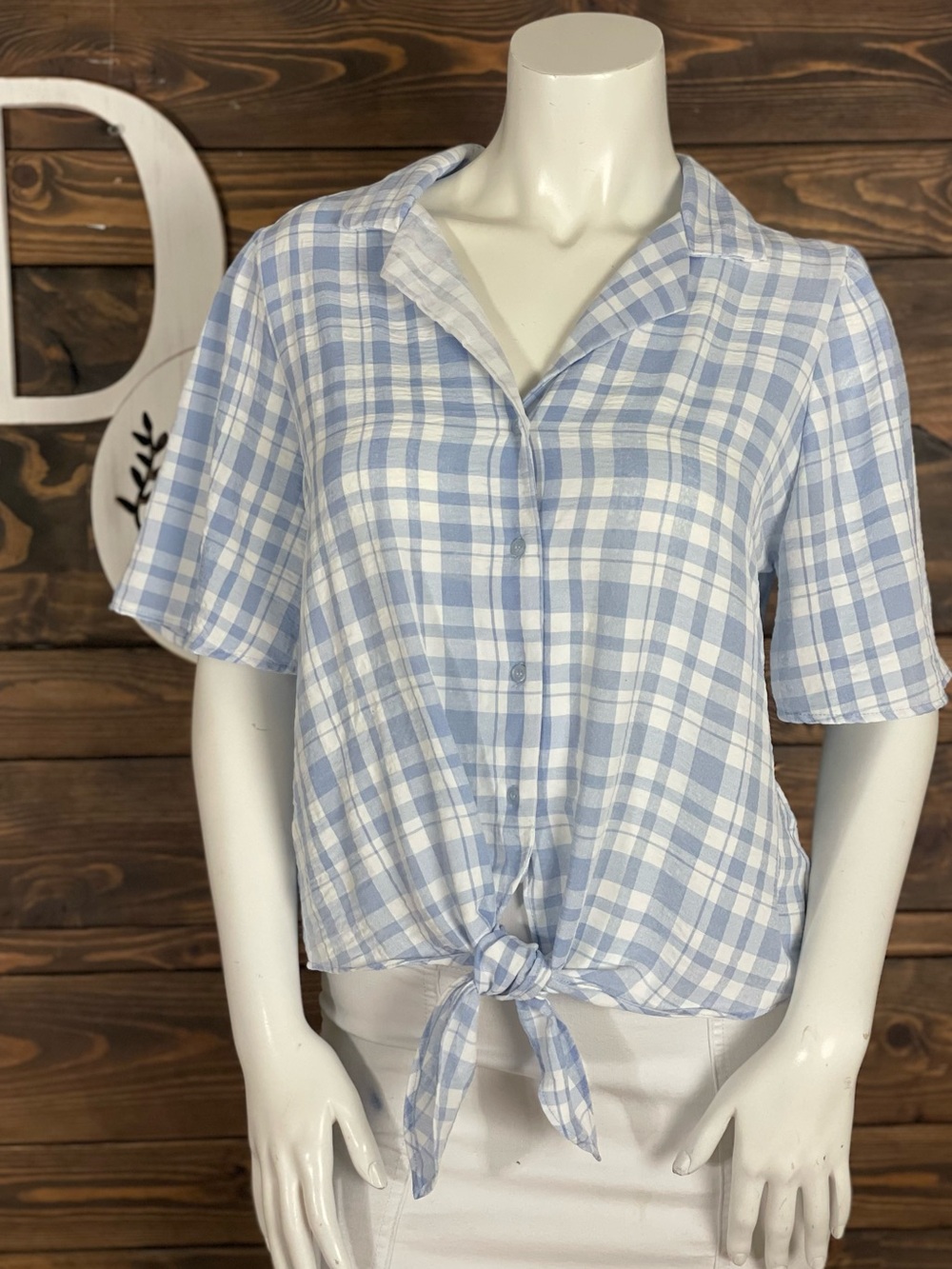 Tamara H | Gingham Collard Light Blue Plaid Tie-Front Button-Down Top Tie Front